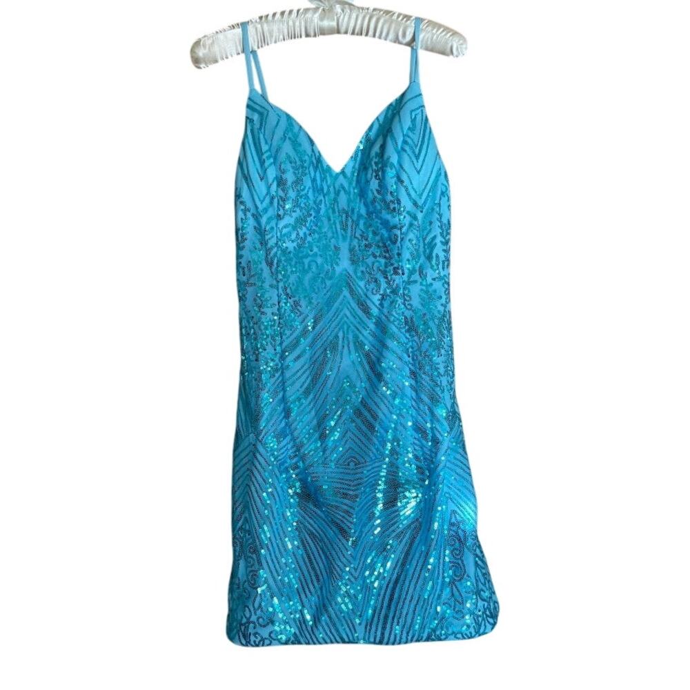 Sparkling Turquoise Blue Sequin Bodycon Mini Dress Hoco Cocktail – Size 4